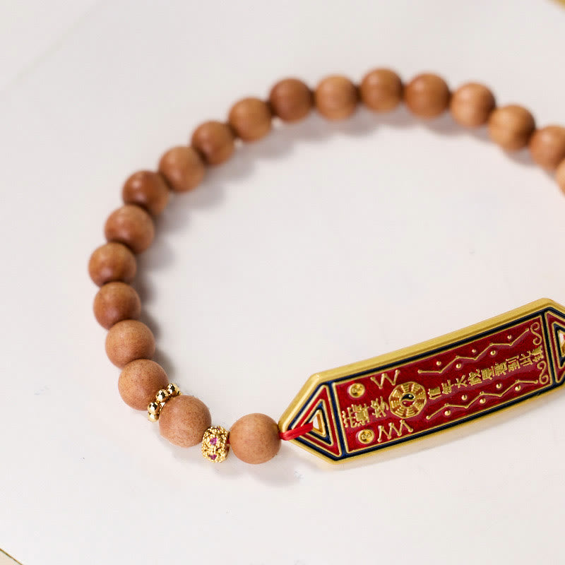 Sandalwood & Gold Plated Copper Tai Sui Bagua Yin Yang Beaded Bracelet