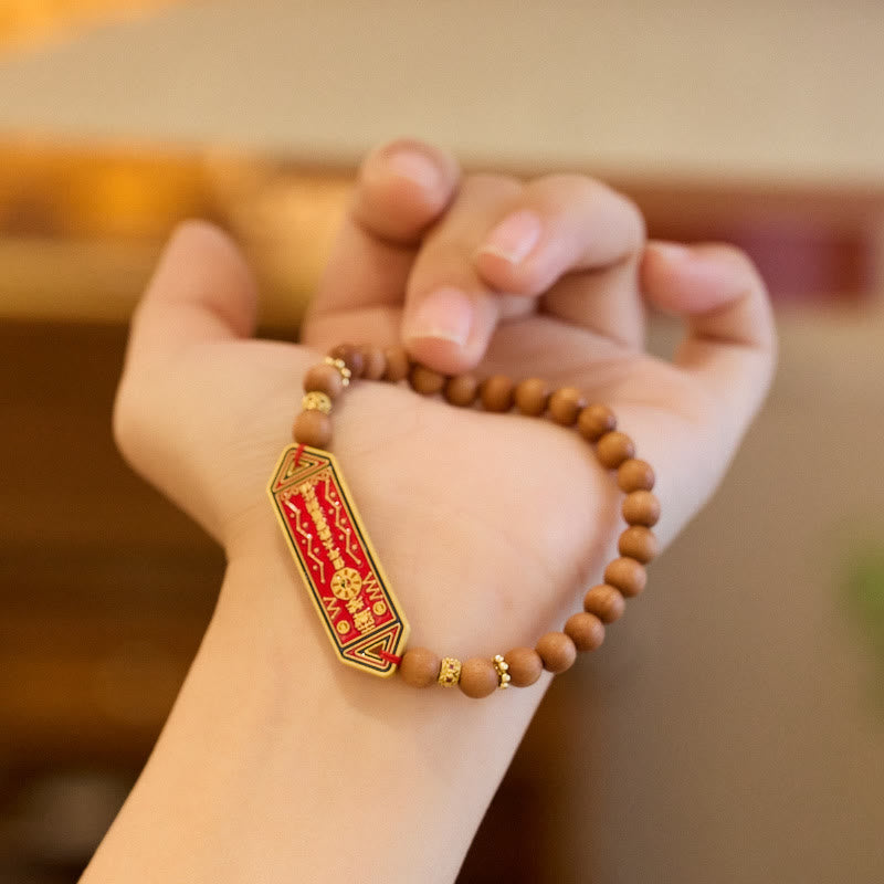 Sandalwood & Gold Plated Copper Tai Sui Bagua Yin Yang Beaded Bracelet
