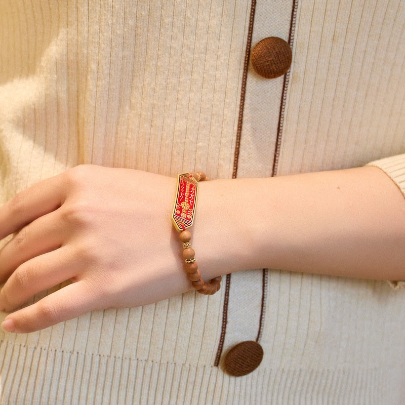 Sandalwood & Gold Plated Copper Tai Sui Bagua Yin Yang Beaded Bracelet