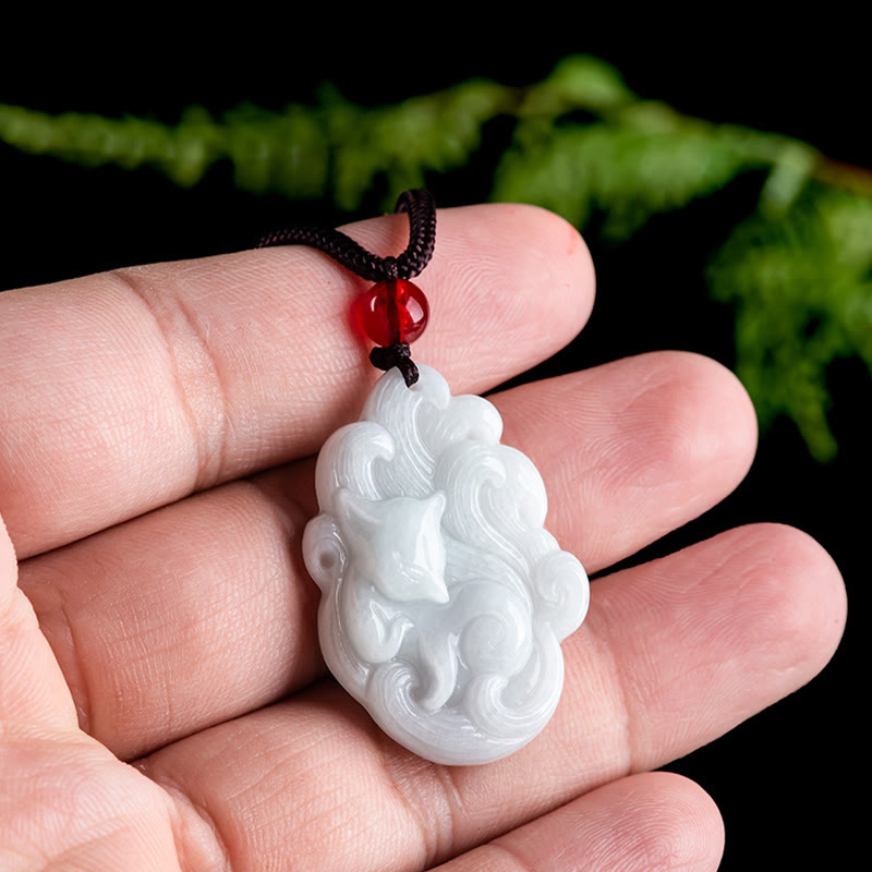 Natural Jade Nine Tailed Fox Luck Necklace Pendant