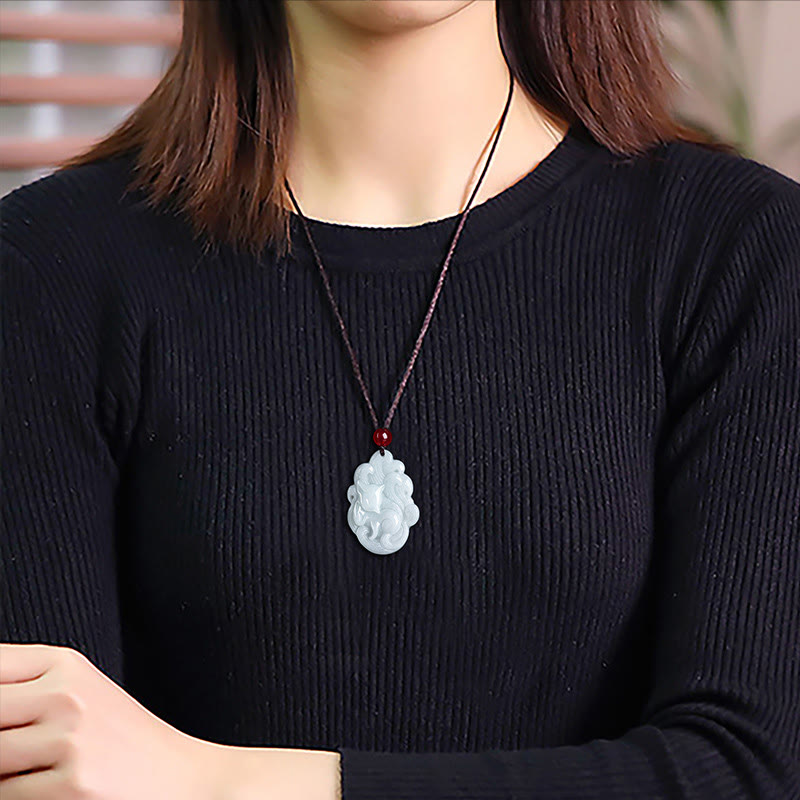 Natural Jade Nine Tailed Fox Luck Necklace Pendant