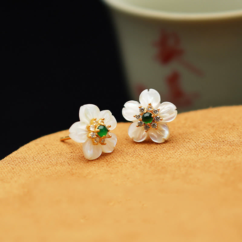 925 Sterling Silver Tridacna Stone Jade Flower Blessing Earrings
