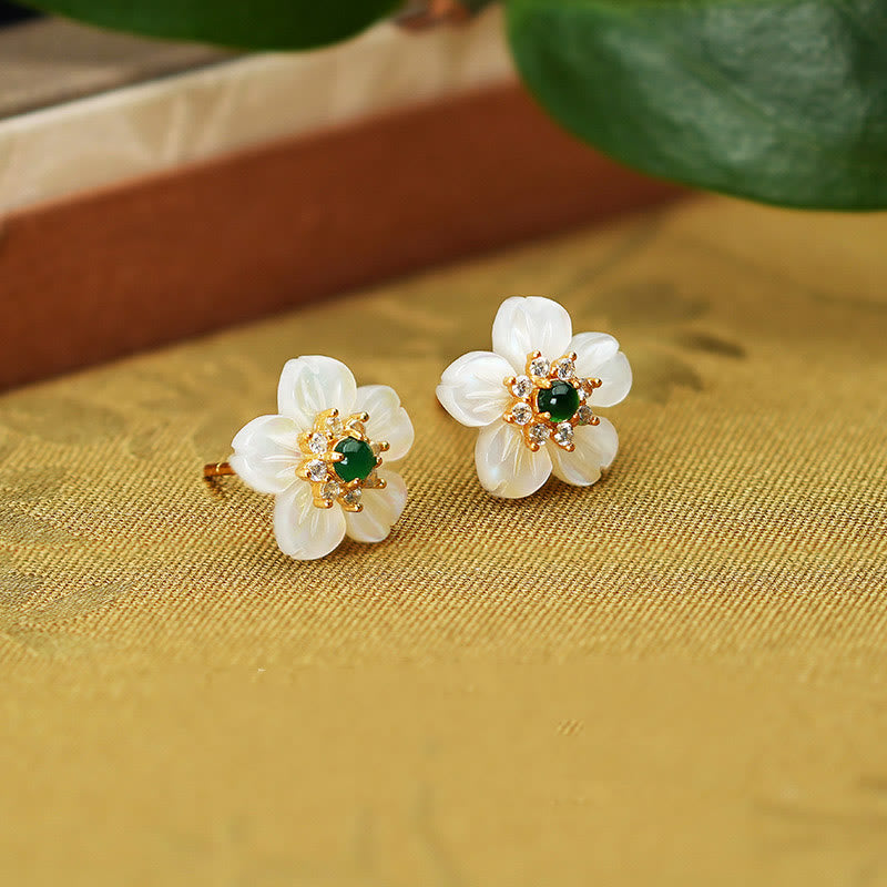 925 Sterling Silver Tridacna Stone Jade Flower Blessing Earrings