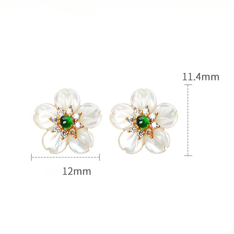 925 Sterling Silver Tridacna Stone Jade Flower Blessing Earrings