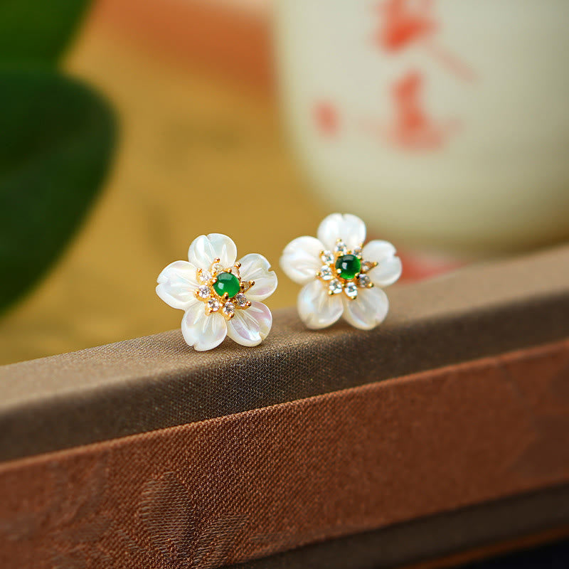 925 Sterling Silver Tridacna Stone Jade Flower Blessing Earrings