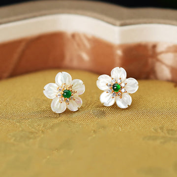 925 Sterling Silver Tridacna Stone Jade Flower Blessing Earrings