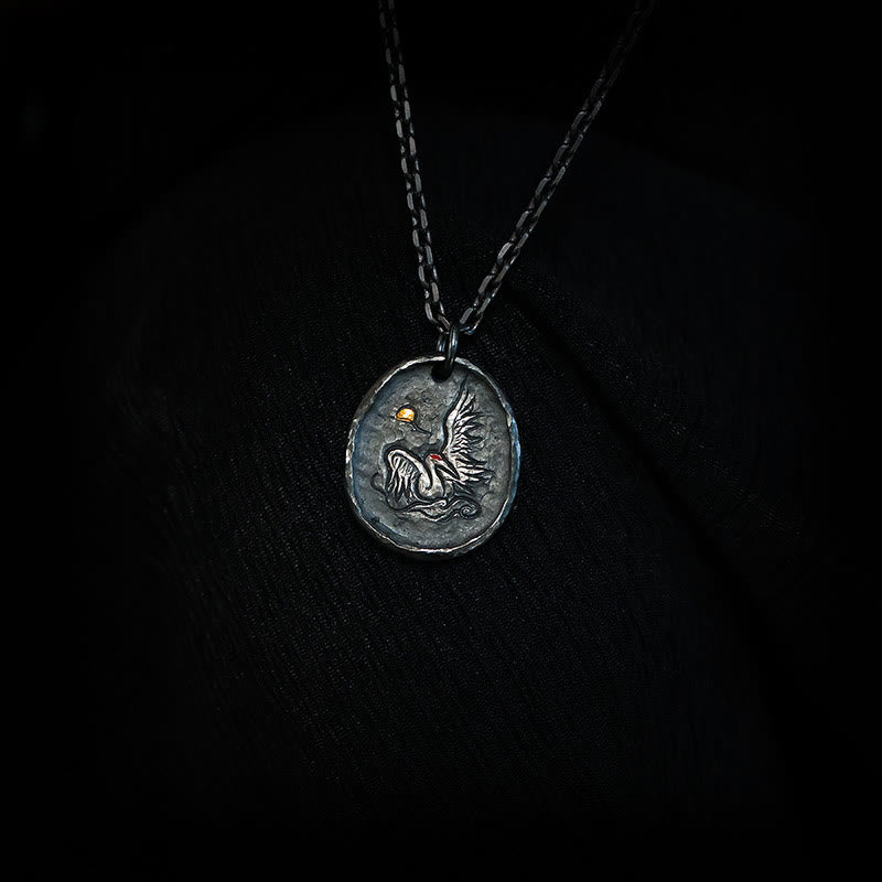 999 Sterling Silver 24k Gold Crane Auspicious Clouds Balance Necklace Pendant