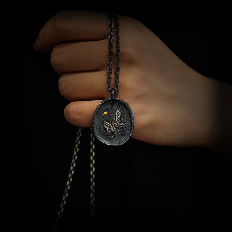 999 Sterling Silver 24k Gold Crane Auspicious Clouds Balance Necklace Pendant