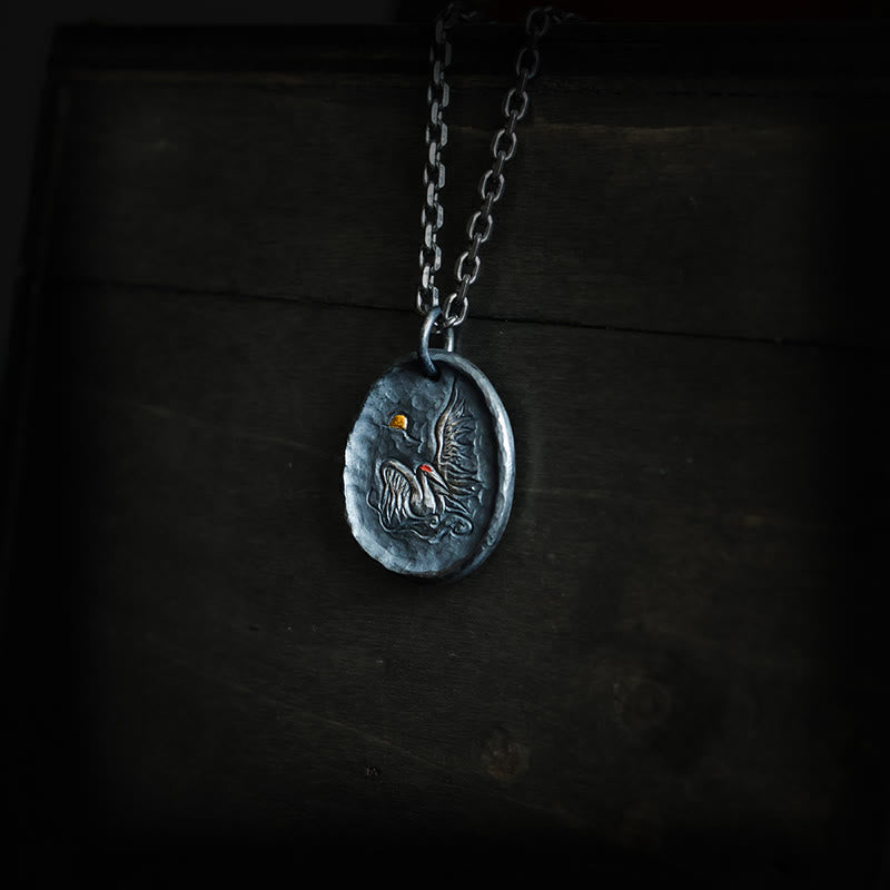 999 Sterling Silver 24k Gold Crane Auspicious Clouds Balance Necklace Pendant