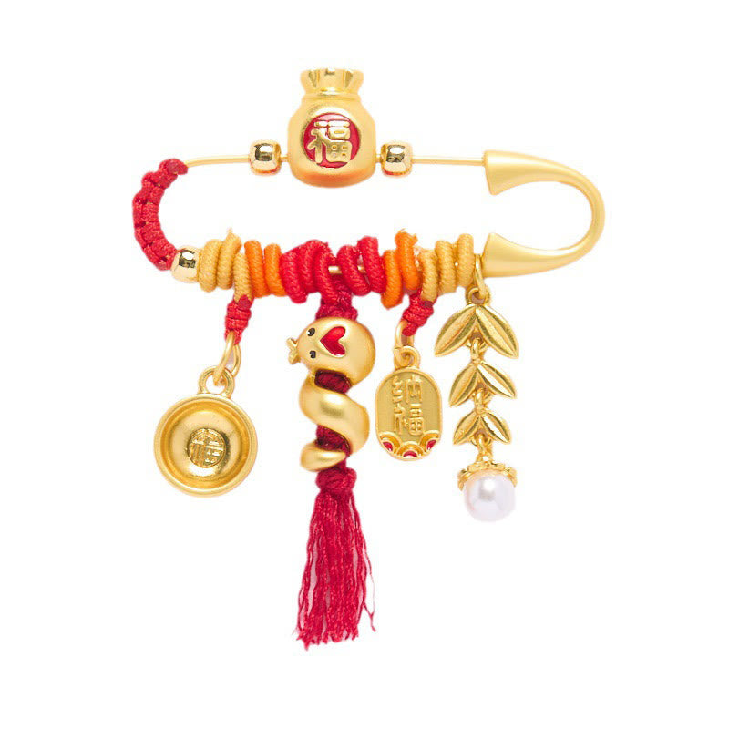 Copper Year Of The Snake Tassels String Spike Fu Bowl Lucky Fortune Bag Brooch