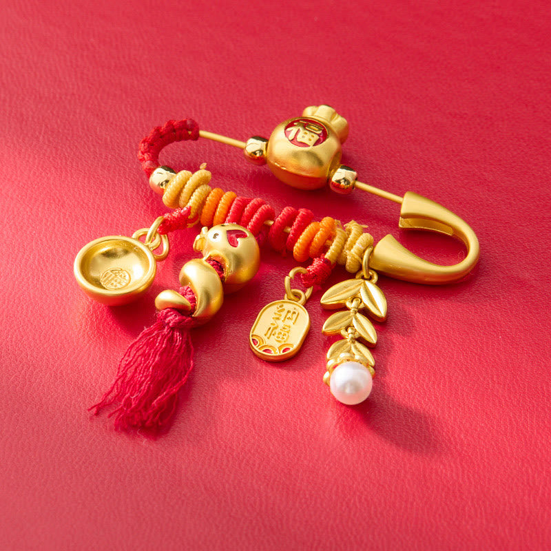 Copper Year Of The Snake Tassels String Spike Fu Bowl Lucky Fortune Bag Brooch