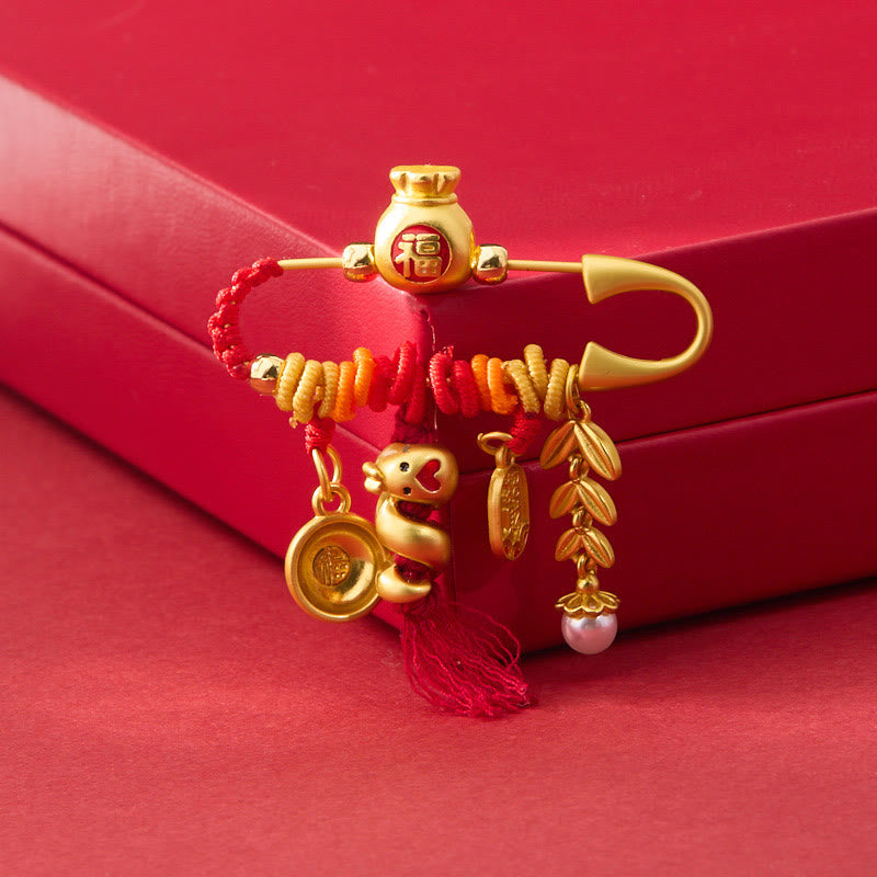 Copper Year Of The Snake Tassels String Spike Fu Bowl Lucky Fortune Bag Brooch