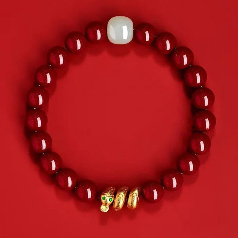 Cinnabar and Hetian Jade Snake Zodiac Beaded Bracelet with Copper Accents