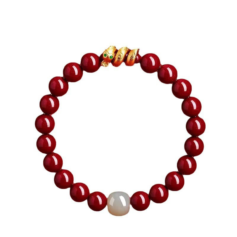 Cinnabar and Hetian Jade Snake Zodiac Beaded Bracelet with Copper Accents