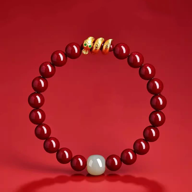 Cinnabar and Hetian Jade Snake Zodiac Beaded Bracelet with Copper Accents