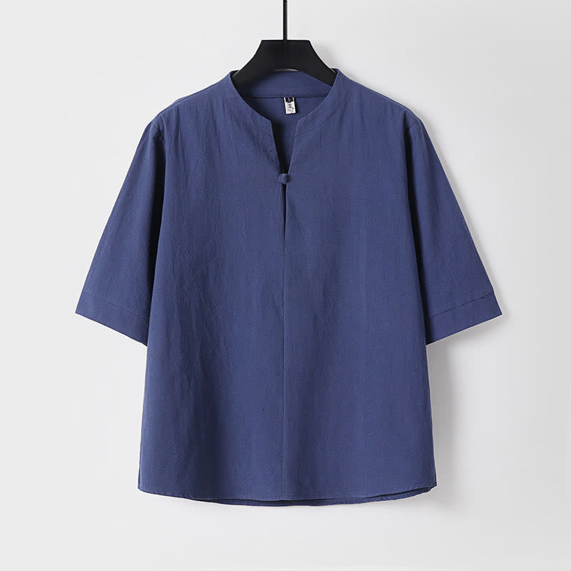 Plain Color Three Quarter Sleeve One Button Cotton Linen Men's Shirt