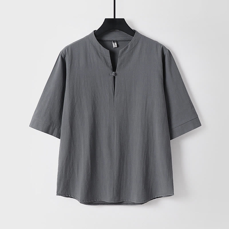 Plain Color Three Quarter Sleeve One Button Cotton Linen Men's Shirt