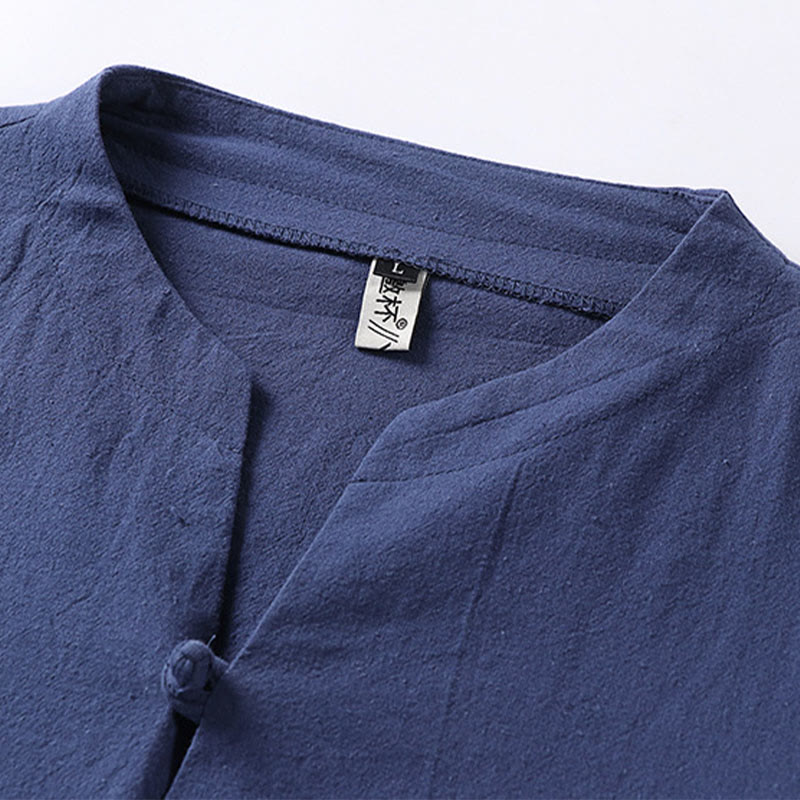 Plain Color Three Quarter Sleeve One Button Cotton Linen Men's Shirt