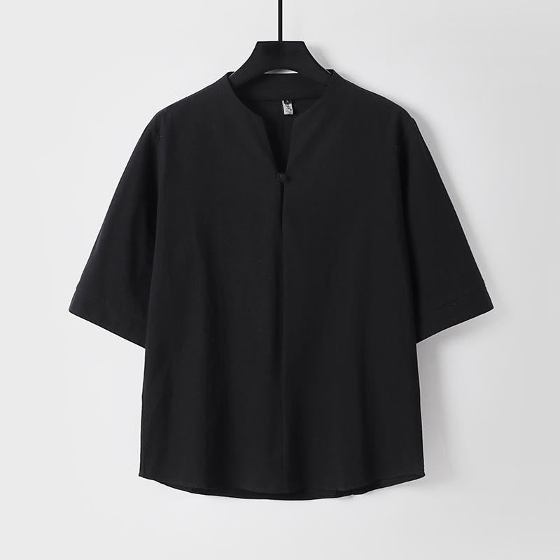 Plain Color Three Quarter Sleeve One Button Cotton Linen Men's Shirt