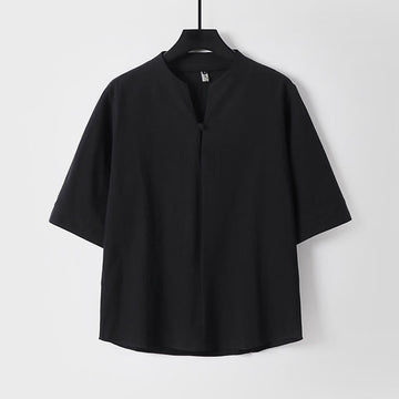 Plain Color Three Quarter Sleeve One Button Cotton Linen Men's Shirt