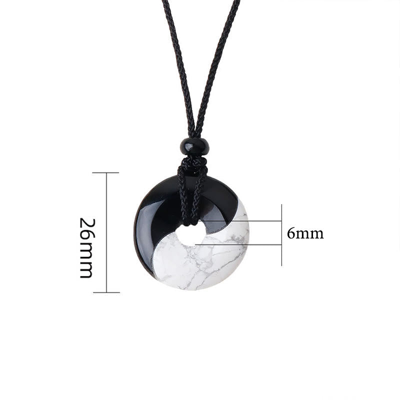 Natural Black Obsidian White Turquoise Yin Yang Peace Buckle Design Braided String Strength Necklace Pendant