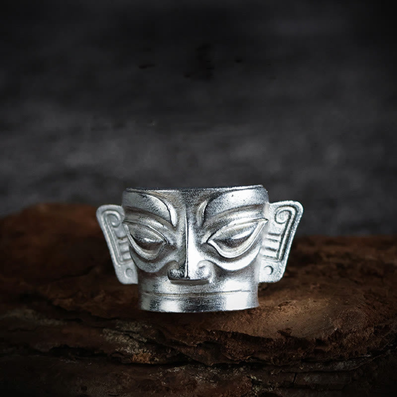 Hand-Cast 999 Sterling Silver Sanxingdui Mask Ancient Heritage Ring