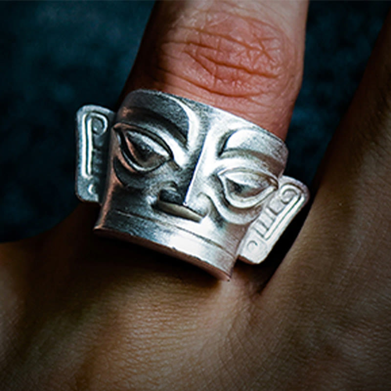 Hand-Cast 999 Sterling Silver Sanxingdui Mask Ancient Heritage Ring