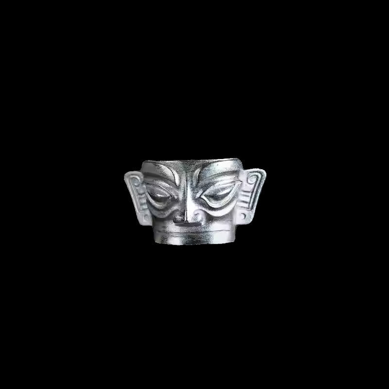 Hand-Cast 999 Sterling Silver Sanxingdui Mask Ancient Heritage Ring