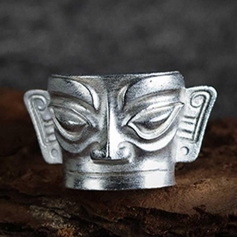 Hand-Cast 999 Sterling Silver Sanxingdui Mask Ancient Heritage Ring
