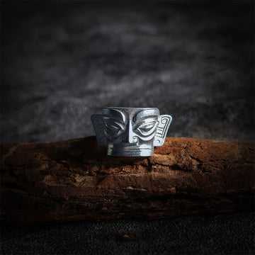 Hand-Cast 999 Sterling Silver Sanxingdui Mask Ancient Heritage Ring