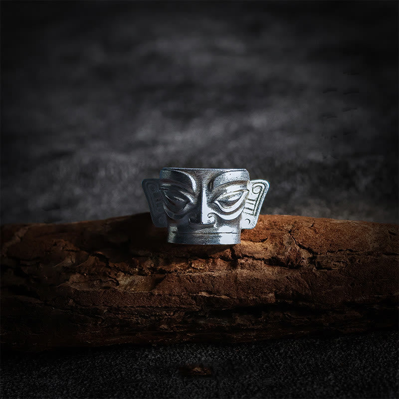 Hand-Cast 999 Sterling Silver Sanxingdui Mask Ancient Heritage Ring