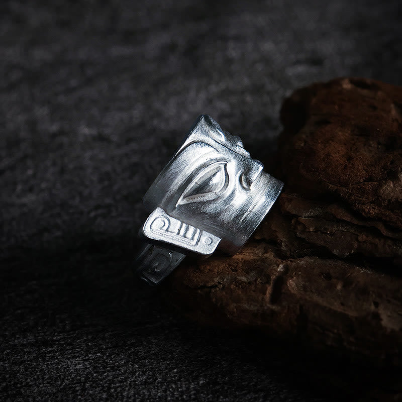 Hand-Cast 999 Sterling Silver Sanxingdui Mask Ancient Heritage Ring