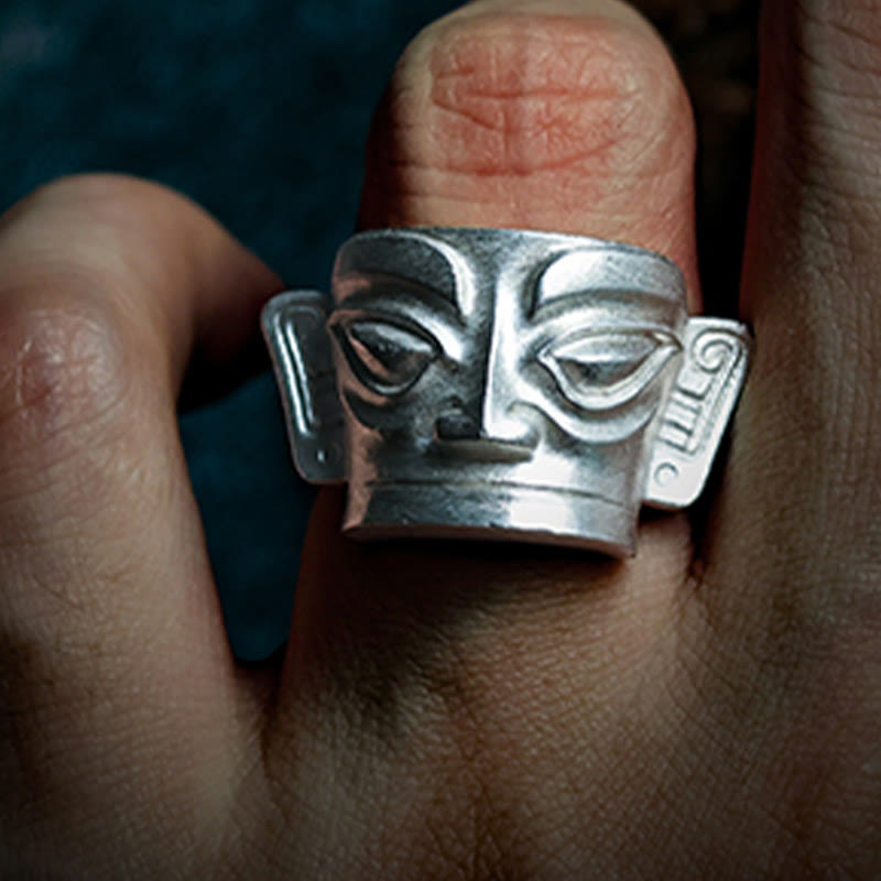 Hand-Cast 999 Sterling Silver Sanxingdui Mask Ancient Heritage Ring