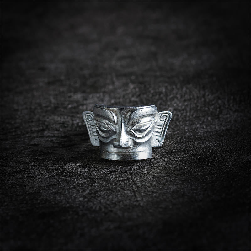 Hand-Cast 999 Sterling Silver Sanxingdui Mask Ancient Heritage Ring