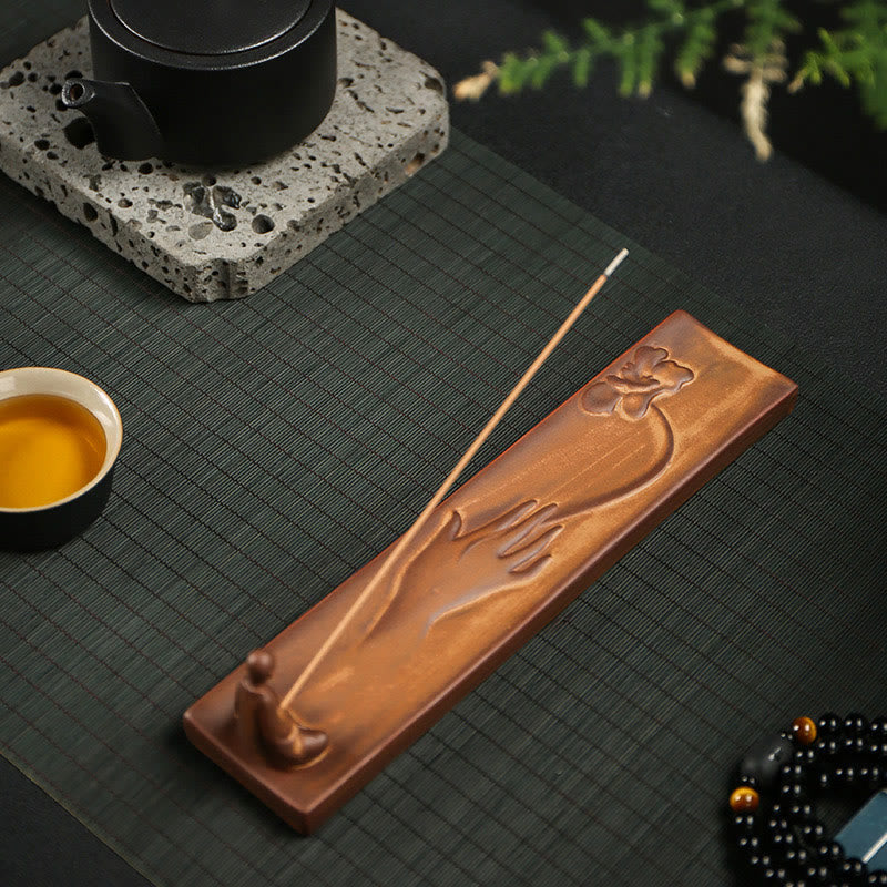 Ceramic Mudra & Lotus Meditation Stick Incense Burner - Zen Home Sanctuary Piece
