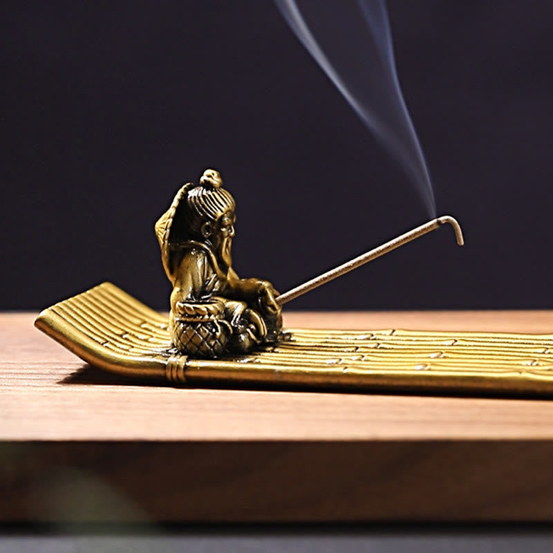 Fisherman Bamboo Fishing Boat Alloy Incense Stick Holder Healing Incense Burner Decoration