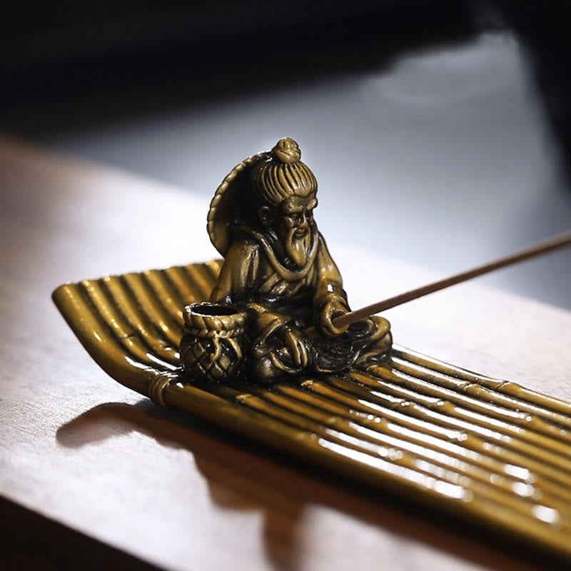 Fisherman Bamboo Fishing Boat Alloy Incense Stick Holder Healing Incense Burner Decoration