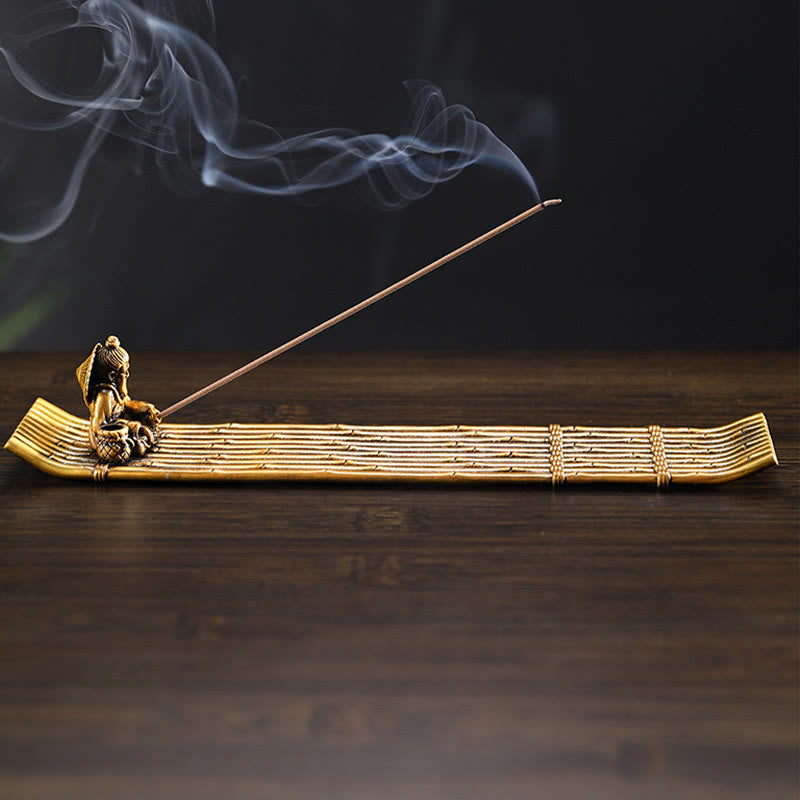 Fisherman Bamboo Fishing Boat Alloy Incense Stick Holder Healing Incense Burner Decoration