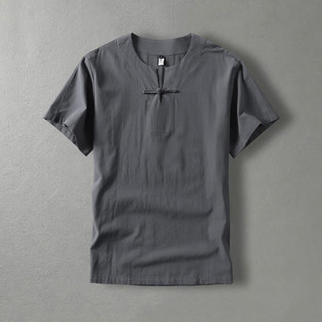 Casual Plain Color Short Sleeve One Frog Button Cotton Linen Men's Shirt