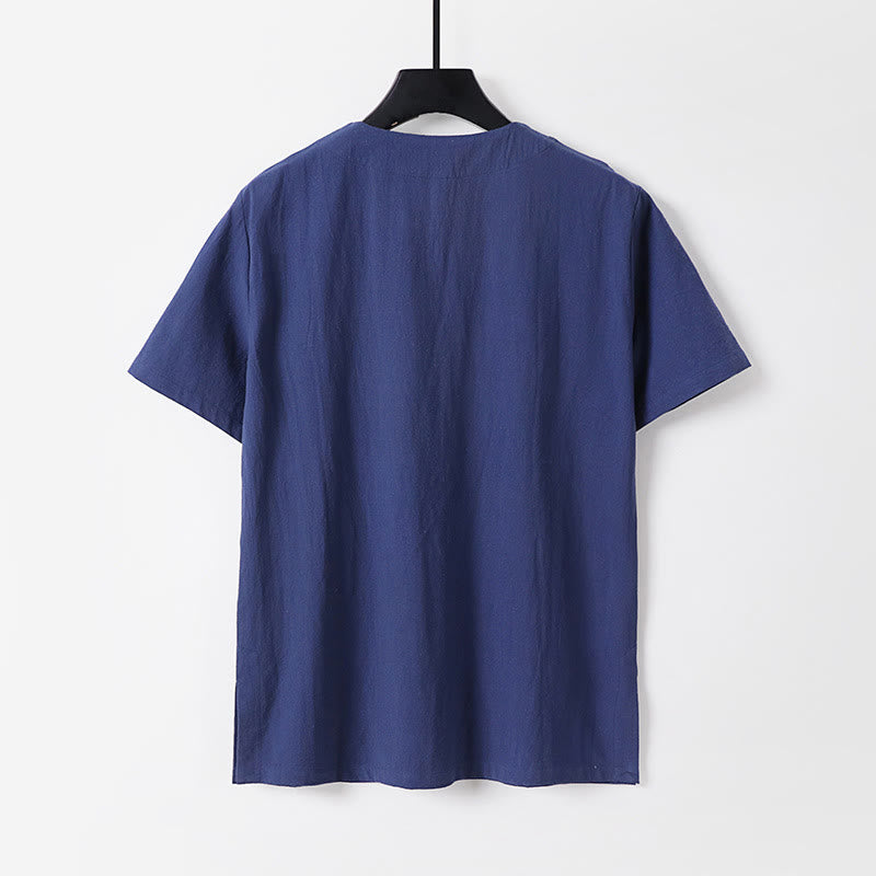 Casual Plain Color Short Sleeve One Frog Button Cotton Linen Men's Shirt