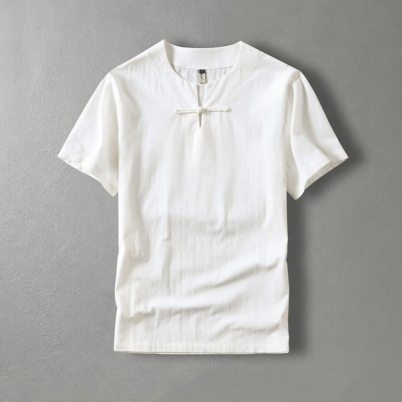 Casual Plain Color Short Sleeve One Frog Button Cotton Linen Men's Shirt