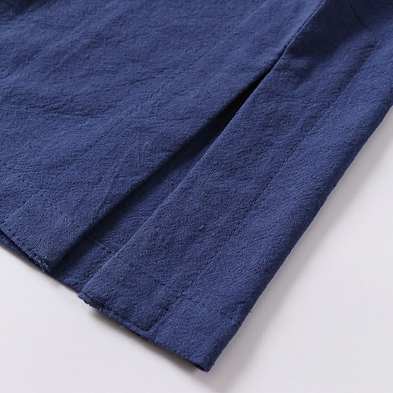Casual Plain Color Short Sleeve One Frog Button Cotton Linen Men's Shirt
