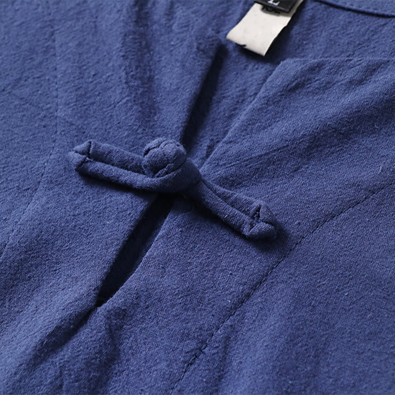 Casual Plain Color Short Sleeve One Frog Button Cotton Linen Men's Shirt