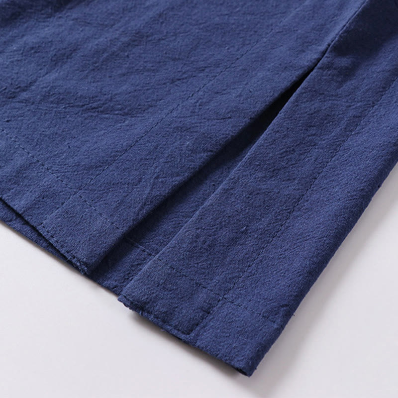 Solid Color Short Sleeve One Frog Button Cotton Linen Men's Shirt