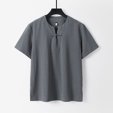 Solid Color Short Sleeve One Frog Button Cotton Linen Men's Shirt