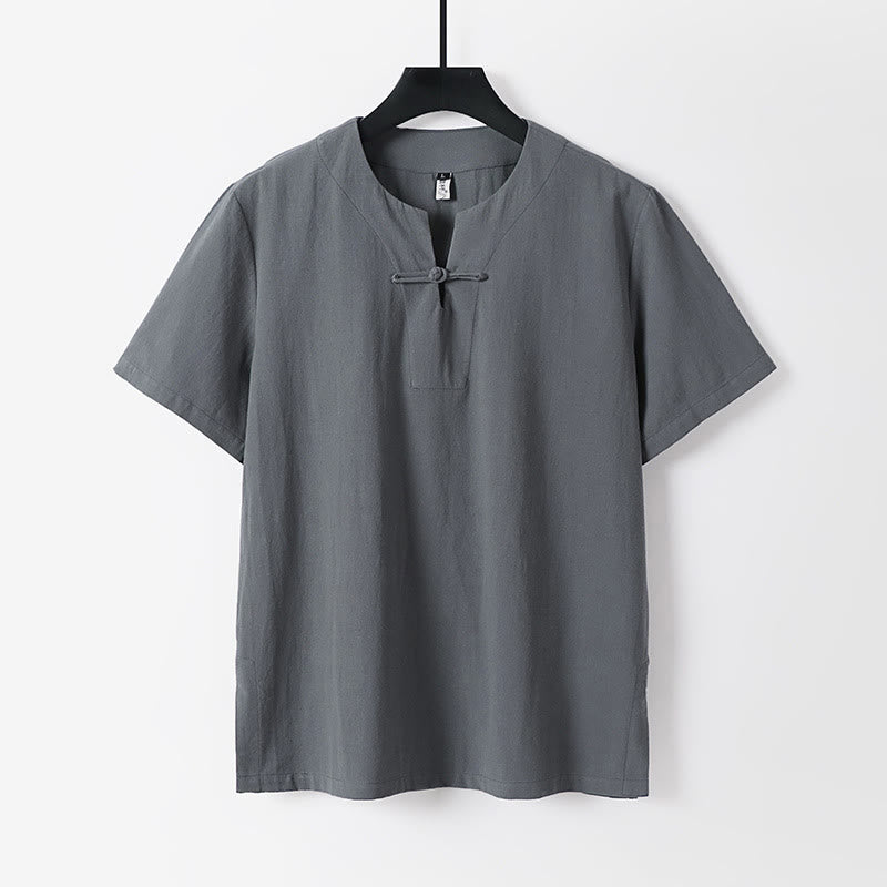 Solid Color Short Sleeve One Frog Button Cotton Linen Men's Shirt