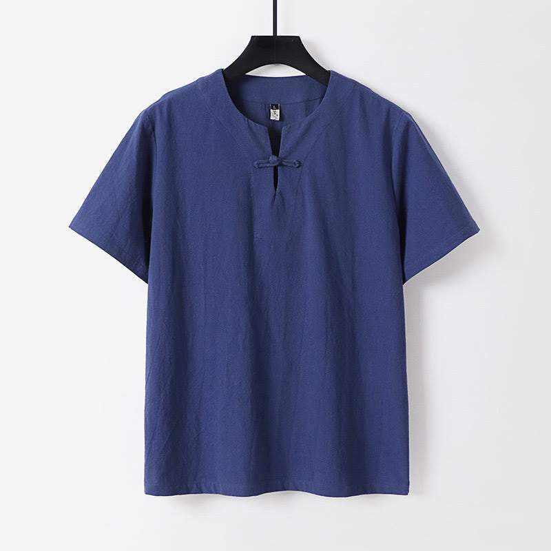 Solid Color Short Sleeve One Frog Button Cotton Linen Men's Shirt