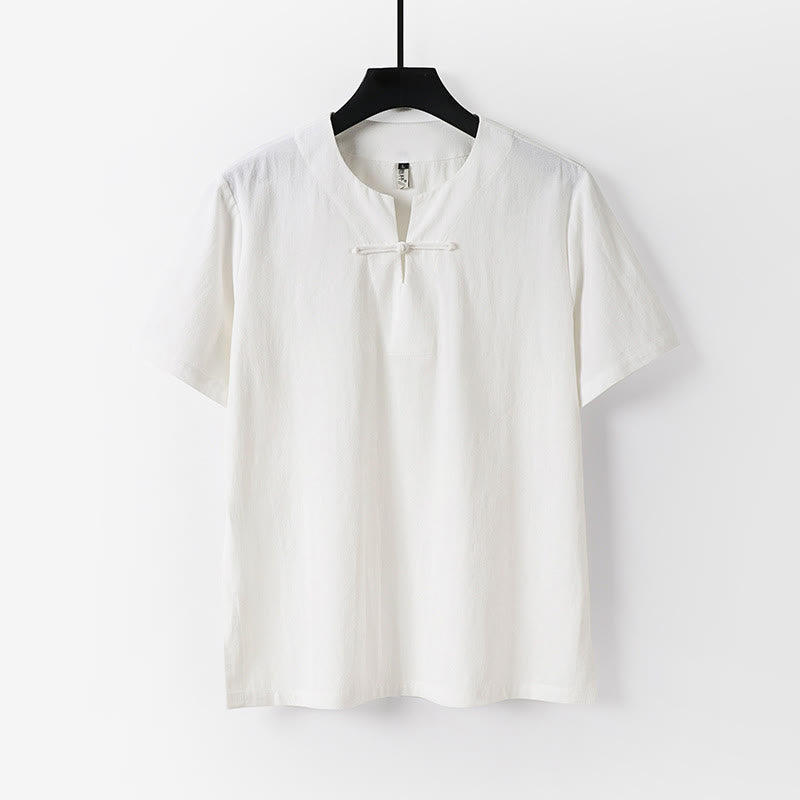 Solid Color Short Sleeve One Frog Button Cotton Linen Men's Shirt