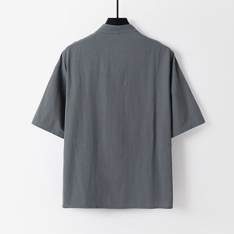 Casual Plain Color Two Buttons V-neck Three Quarter Sleeve Cotton Men's Shirt