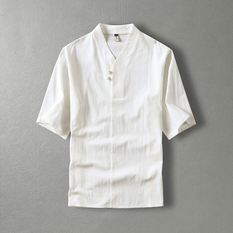 Casual Plain Color Two Buttons V-neck Three Quarter Sleeve Cotton Men's Shirt